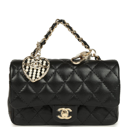 Chanel Nano Classic Double Flap Bag Charm Black Lambskin Light Gold Hardware