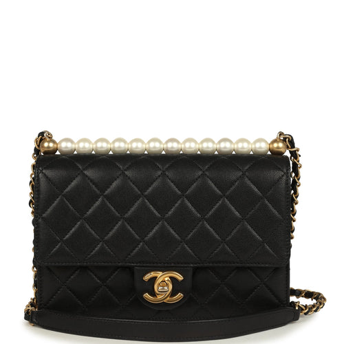 Pre-owned Chanel Small Chic Pearls Flap Bag Black Goatskin Antique Gold Hardware