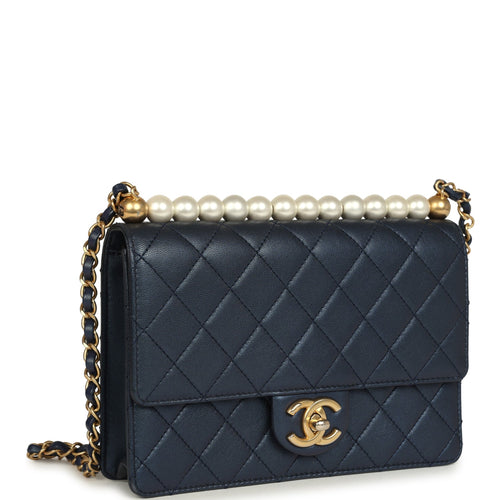 Pre-owned Chanel Small Chic Pearls Flap Bag Navy Calfskin Antique Gold Hardware