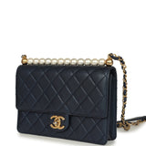 Pre-owned Chanel Small Chic Pearls Flap Bag Navy Calfskin Antique Gold Hardware