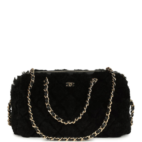 Chanel Mini Timeless Classic Barrel Bag with Chain Black Shearling Light Gold Hardware