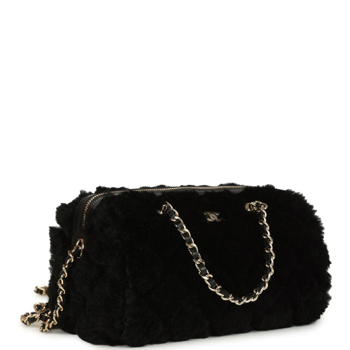 Chanel Mini Timeless Classic Barrel Bag with Chain Black Shearling Light Gold Hardware