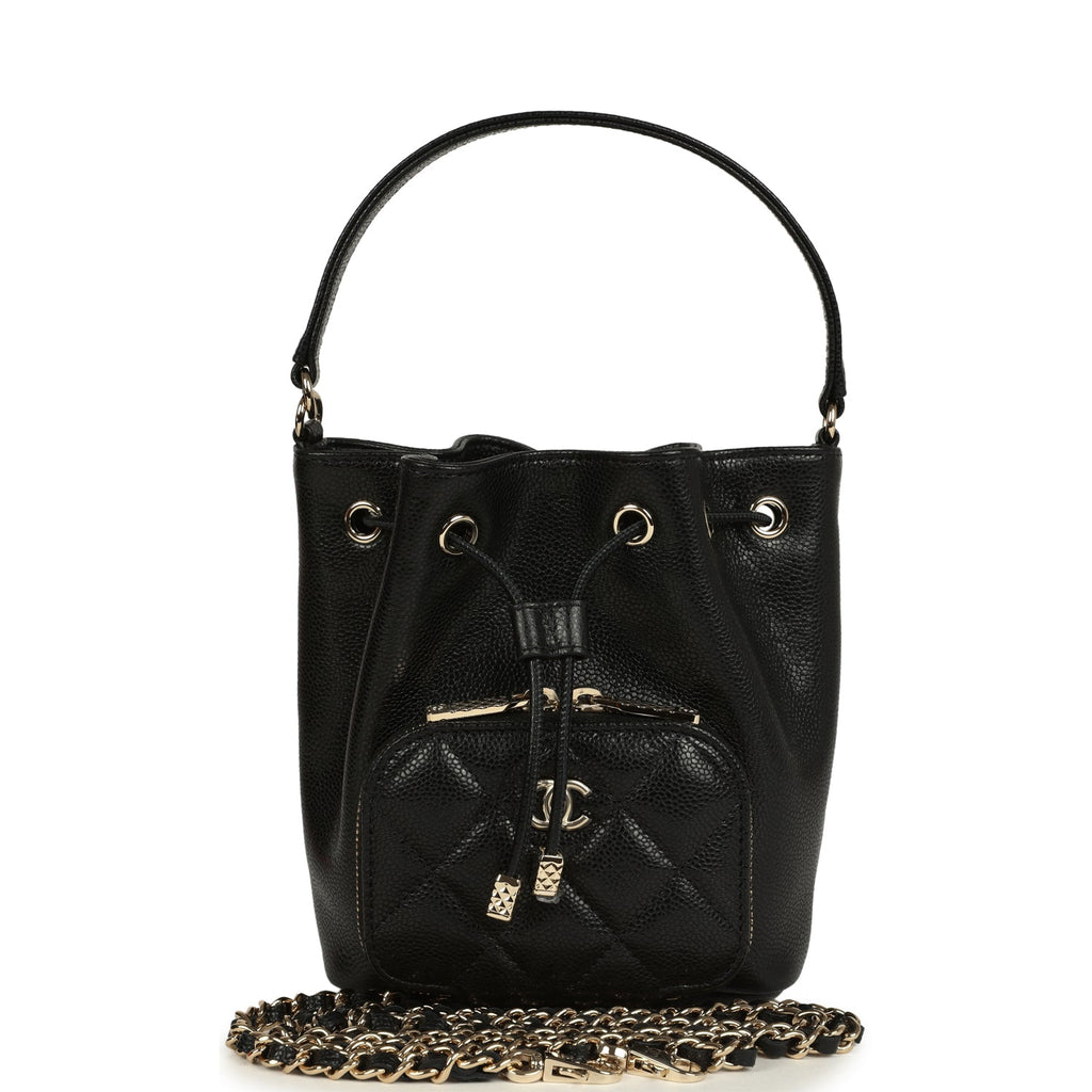 chain detail mini bucket backpack Chanel Mini Top Handle Bucket Bag with Chain Black Shiny Caviar Light