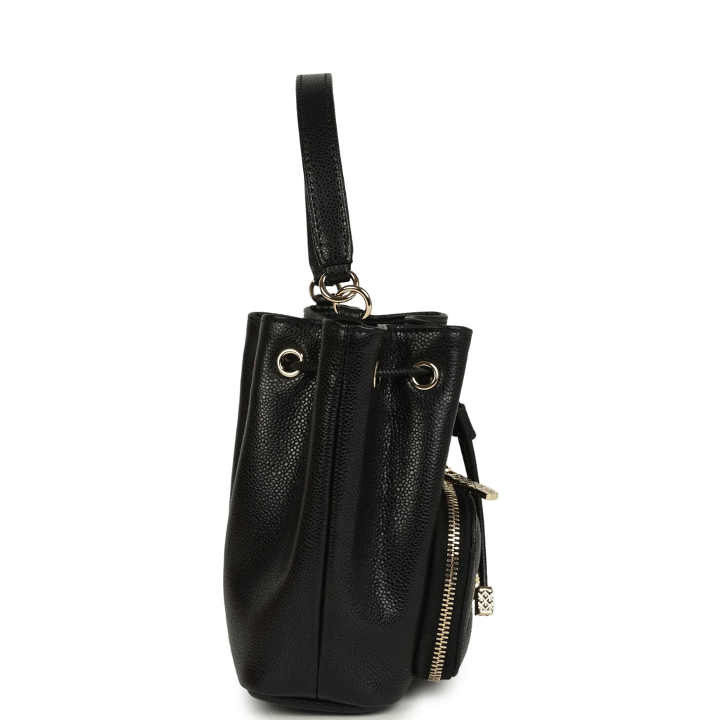 chain detail mini bucket backpack Chanel Mini Top Handle Bucket Bag with Chain Black Shiny Caviar Light