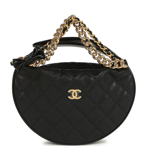 Chanel Mini Round Hobo Pouch Bag Black Shiny Caviar Mixed Metal Hardware