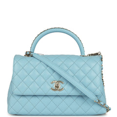 Chanel Large Coco Top Handle Flap Bag Light Blue Shiny Caviar Light Gold Hardware