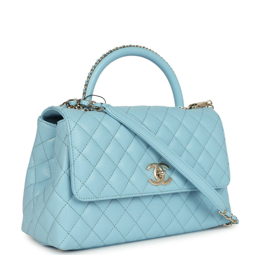 Chanel Medium Coco Top Handle Flap Bag Light Blue Shiny Caviar Light Gold Hardware
