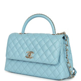 Chanel Medium Coco Top Handle Flap Bag Light Blue Shiny Caviar Light Gold Hardware