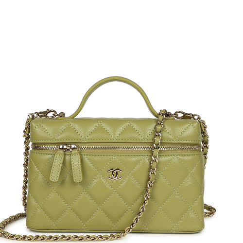 Chanel Top Handle Long Vanity Case with Chain Khaki Shiny Caviar Light Gold Hardware