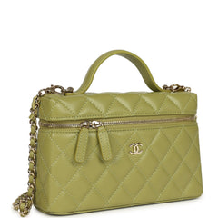 Chanel Top Handle Long Vanity Case with Chain Khaki Shiny Caviar Light Gold Hardware