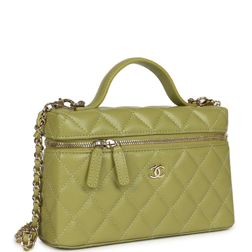 Chanel Top Handle Long Vanity Case with Chain Khaki Shiny Caviar Light Gold Hardware