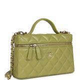 Chanel Top Handle Long Vanity Case with Chain Khaki Shiny Caviar Light Gold Hardware