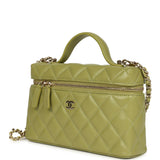 Chanel Top Handle Long Vanity Case with Chain Khaki Shiny Caviar Light Gold Hardware