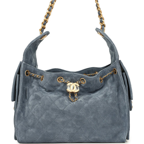 Chanel Small 25 Hobo Bag Blue Suede Antique Gold Hardware