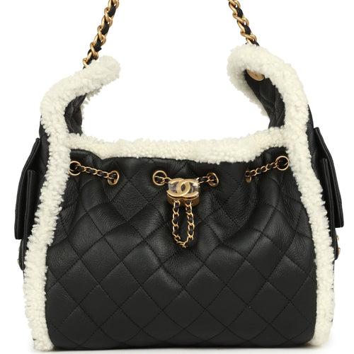 Chanel Small 25 Hobo Bag Black Crumpled Sheepskin and White Shearling Antique Gold Hardware