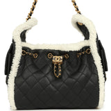 Chanel Small 25 Hobo Bag Black Crumpled Sheepskin and White Shearling Antique Gold Hardware