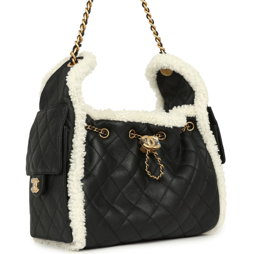 Chanel Small 25 Hobo Bag Black Crumpled Sheepskin and White Shearling Antique Gold Hardware