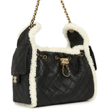 Chanel Small 25 Hobo Bag Black Crumpled Sheepskin and White Shearling Antique Gold Hardware