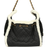 Chanel Small 25 Hobo Bag Black Crumpled Sheepskin and White Shearling Antique Gold Hardware