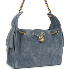 Chanel Small 25 Hobo Bag Blue Suede Antique Gold Hardware
