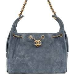 Chanel Small 25 Hobo Bag Blue Suede Antique Gold Hardware