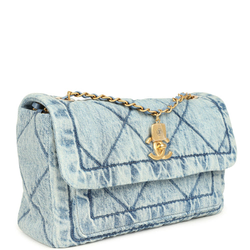 Chanel Large Flap Bag Blue Washed Denim Brushed Gold Hardware