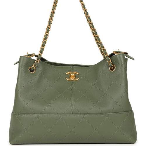 Chanel Small Coco Hobo Bag Khaki Calfskin Antique Gold Hardware