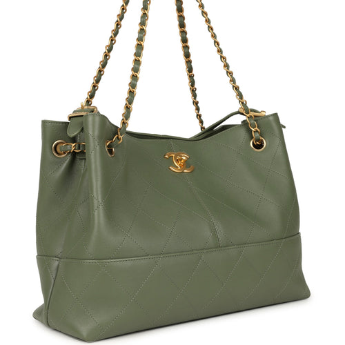 Chanel Small Coco Hobo Bag Khaki Calfskin Antique Gold Hardware