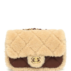 Chanel Mini Shearling Flap Bag Brown Lambskin Brushed Gold Hardware