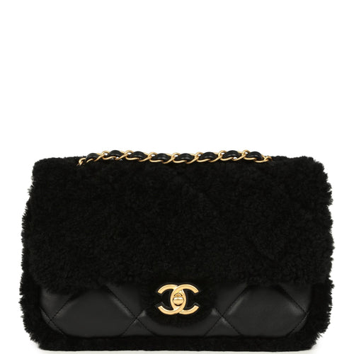 Chanel Medium Shearling Flap Bag Black Lambskin Brushed Gold Hardware