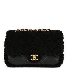 Chanel Medium Shearling Flap Bag Black Lambskin Brushed Gold
