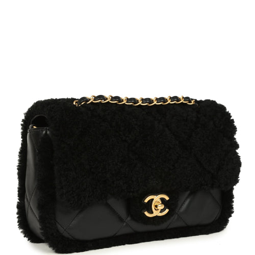 Chanel Medium Shearling Flap Bag Black Lambskin Brushed Gold Hardware