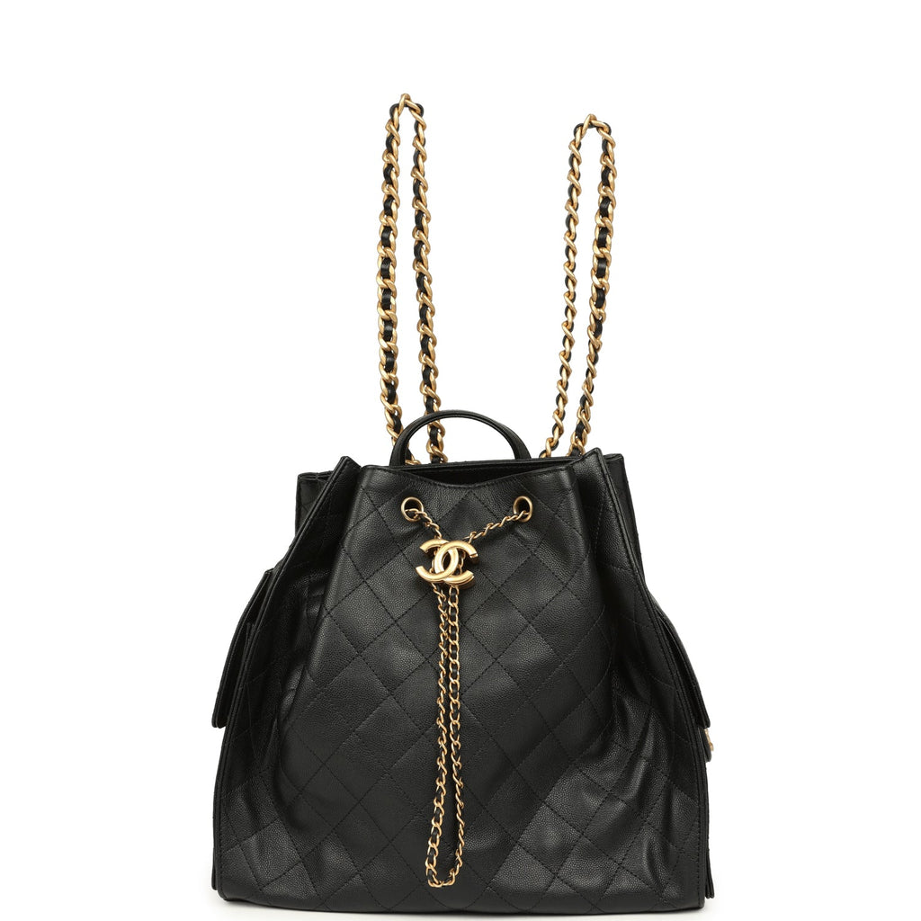 black and gold leather backpack large Chanel Large 25 Backpack Black Caviar Antique Gold Hardware – New & Authentic