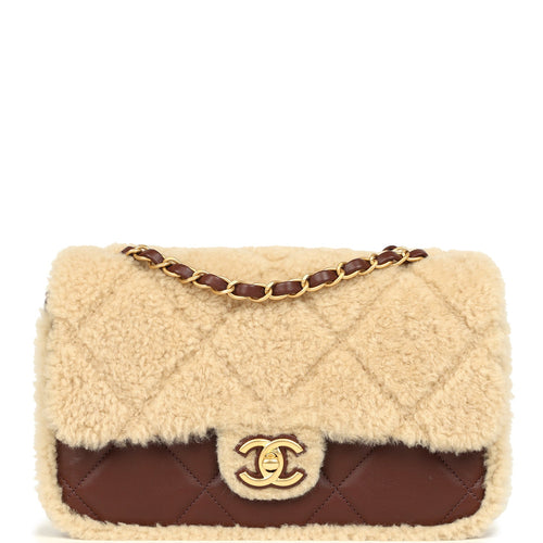 Chanel Medium Shearling Flap Bag Dark Brown Lambskin and Beige Shearling  Brushed Gold Hardware