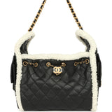 Chanel Small 25 Hobo Bag Black Crumpled Sheepskin and White Shearling Antique Gold Hardware