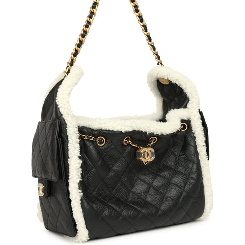 Chanel Small 25 Hobo Bag Black Crumpled Sheepskin and White Shearling Antique Gold Hardware
