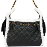 Chanel Small 25 Hobo Bag Black Crumpled Sheepskin and White Shearling Antique Gold Hardware