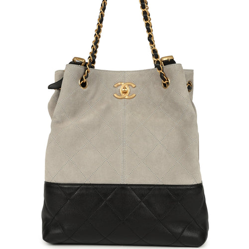 Chanel Coco Shopping Bag Dark Grey Suede and Black Shiny Lambskin Brushed Gold Hardware