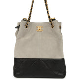Chanel Coco Shopping Bag Dark Grey Suede and Black Shiny Lambskin Brushed Gold Hardware