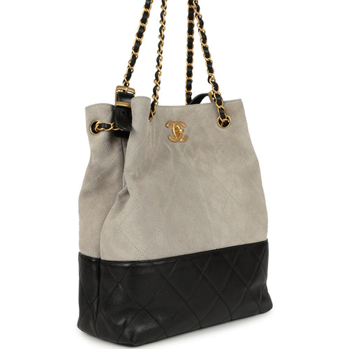 Chanel Coco Shopping Bag Dark Grey Suede and Black Shiny Lambskin Brushed Gold Hardware