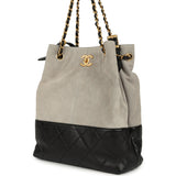Chanel Coco Shopping Bag Dark Grey Suede and Black Shiny Lambskin Brushed Gold Hardware