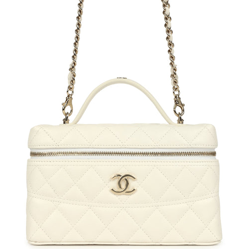 Chanel Trendy Top Handle Long Vanity Case with Chain White Caviar Light Gold Hardware