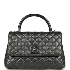 Chanel Small Coco Top Handle Flap Bag Dark Grey Crumpled Calfskin Black Hardware