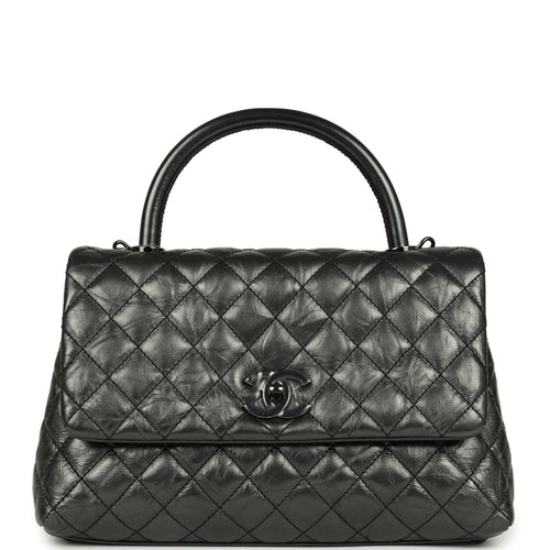 Chanel Medium Coco Top Handle Flap Bag Dark Grey Crumpled Calfskin Black Hardware