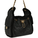Chanel Small 25 Hobo Bag Black Crumpled Sheepskin and Shearling Antique Gold Hardware