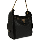 Chanel Medium 25 Hobo Bag Black Crumpled Sheepskin and Shearling Antique Gold Hardware