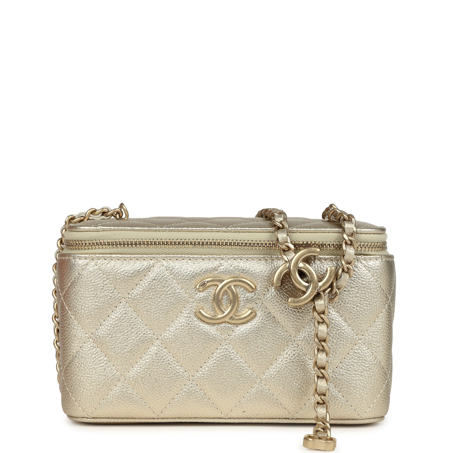 Chanel Small Classic Vanity Case Light Gold Metallic Caviar Brushed ...