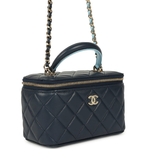 Chanel Small Top Handle Vanity Case Navy & Light Blue Lambskin Light Gold Hardware