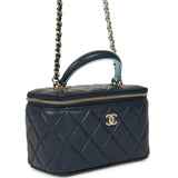 Chanel Small Top Handle Vanity Case Navy & Light Blue Lambskin Light Gold Hardware