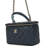 Chanel Small Top Handle Vanity Case Navy & Light Blue Lambskin Light Gold Hardware